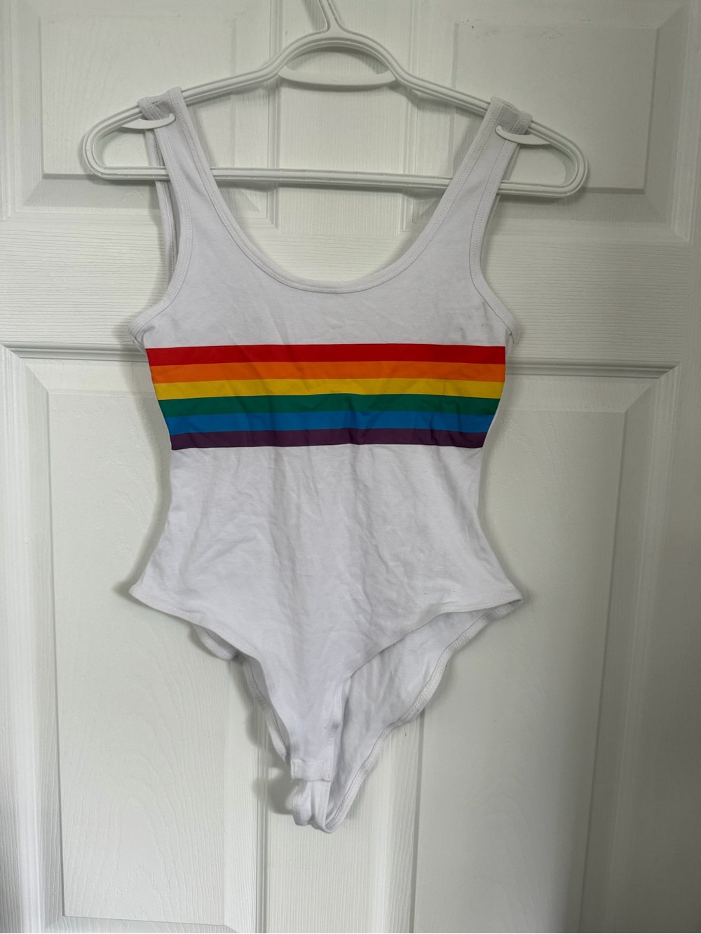 Bluenotes White Tank One-Piece with Rainbow Stripes